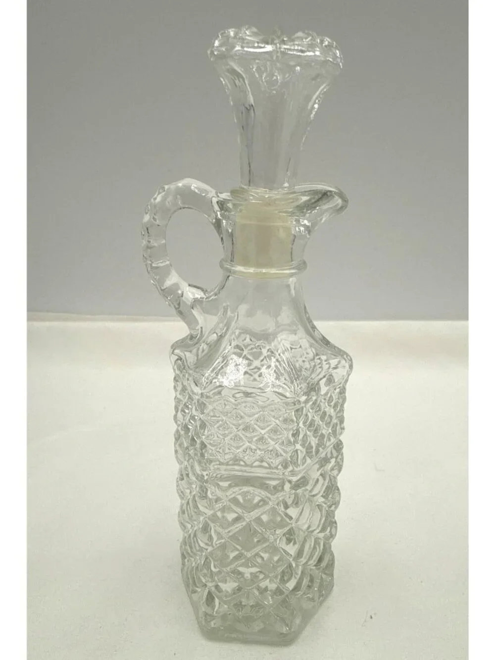 Vintage Glass Oil & Vinegar Cruet W/ Stopper Diamond Pattern Clear Glass